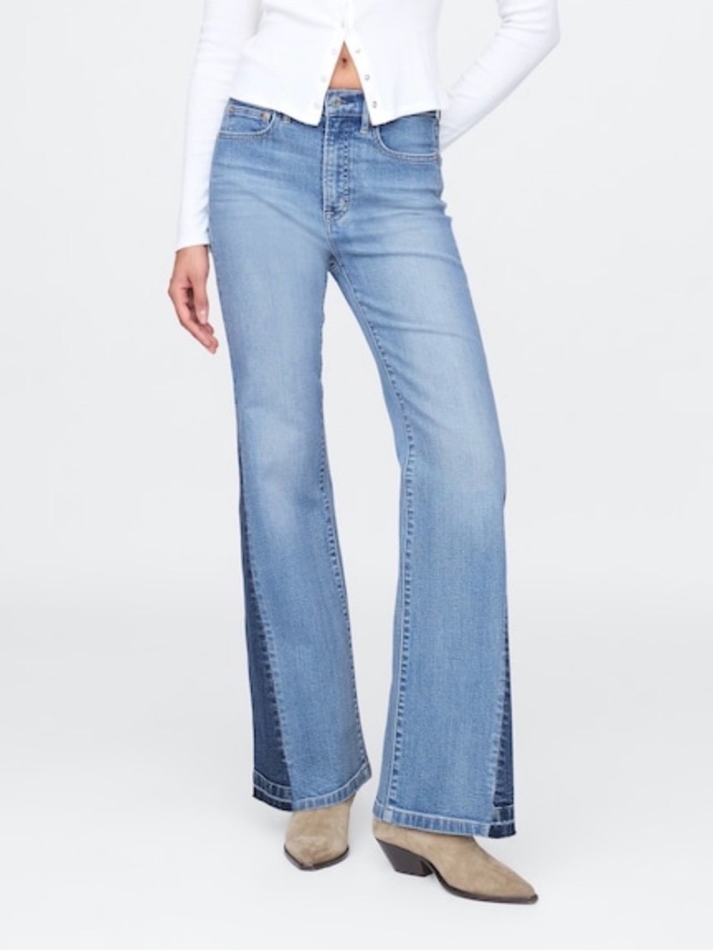 GAP Jeans High Rise Patched 70s Flare Two Tone Denim
